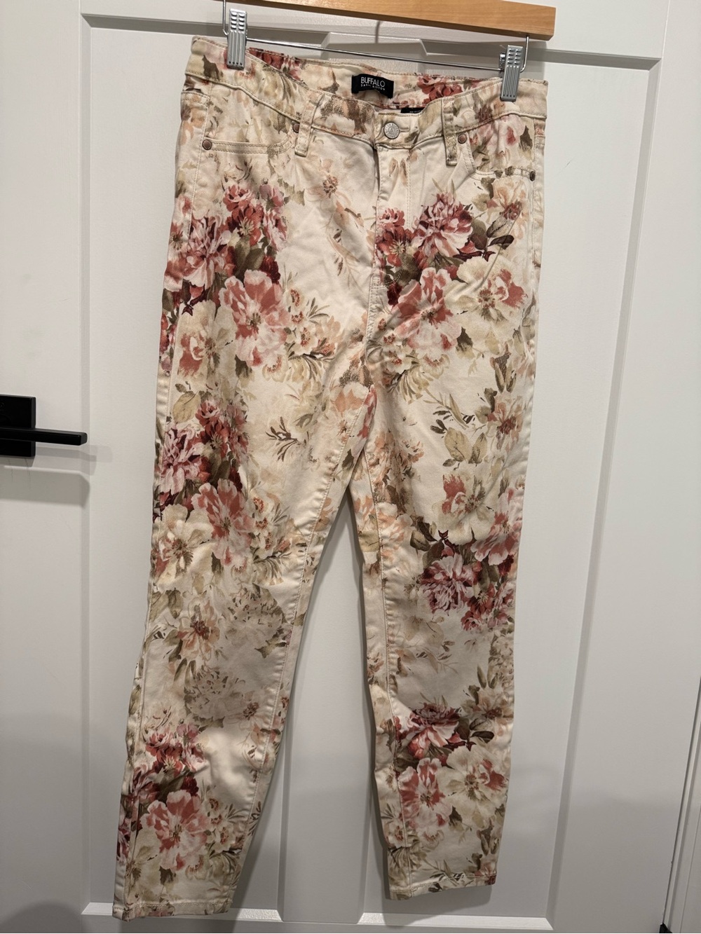 Floral Print Skinny Ankle Jeans - Cream with Pink & Green Flowers